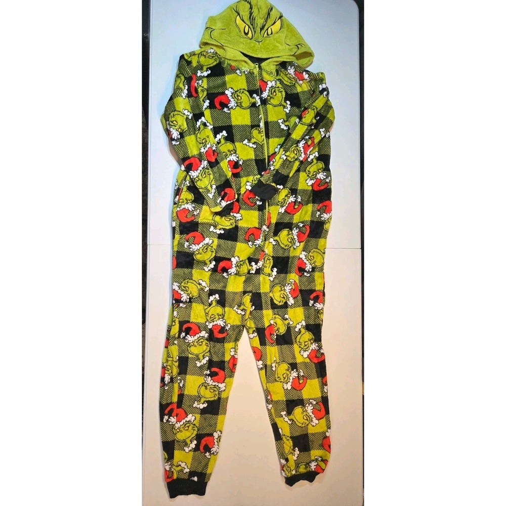 408 Dr Seuss Grinch XL 16-18 Hooded One Piece Pajamas Plush Christmas
